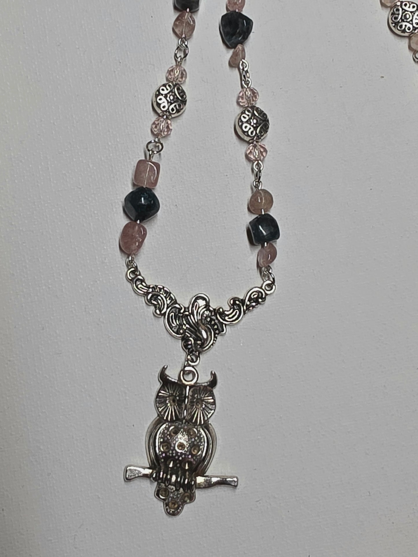 Apatite and Strawberry Quartz Beaded link and Owl Pendant Necklace