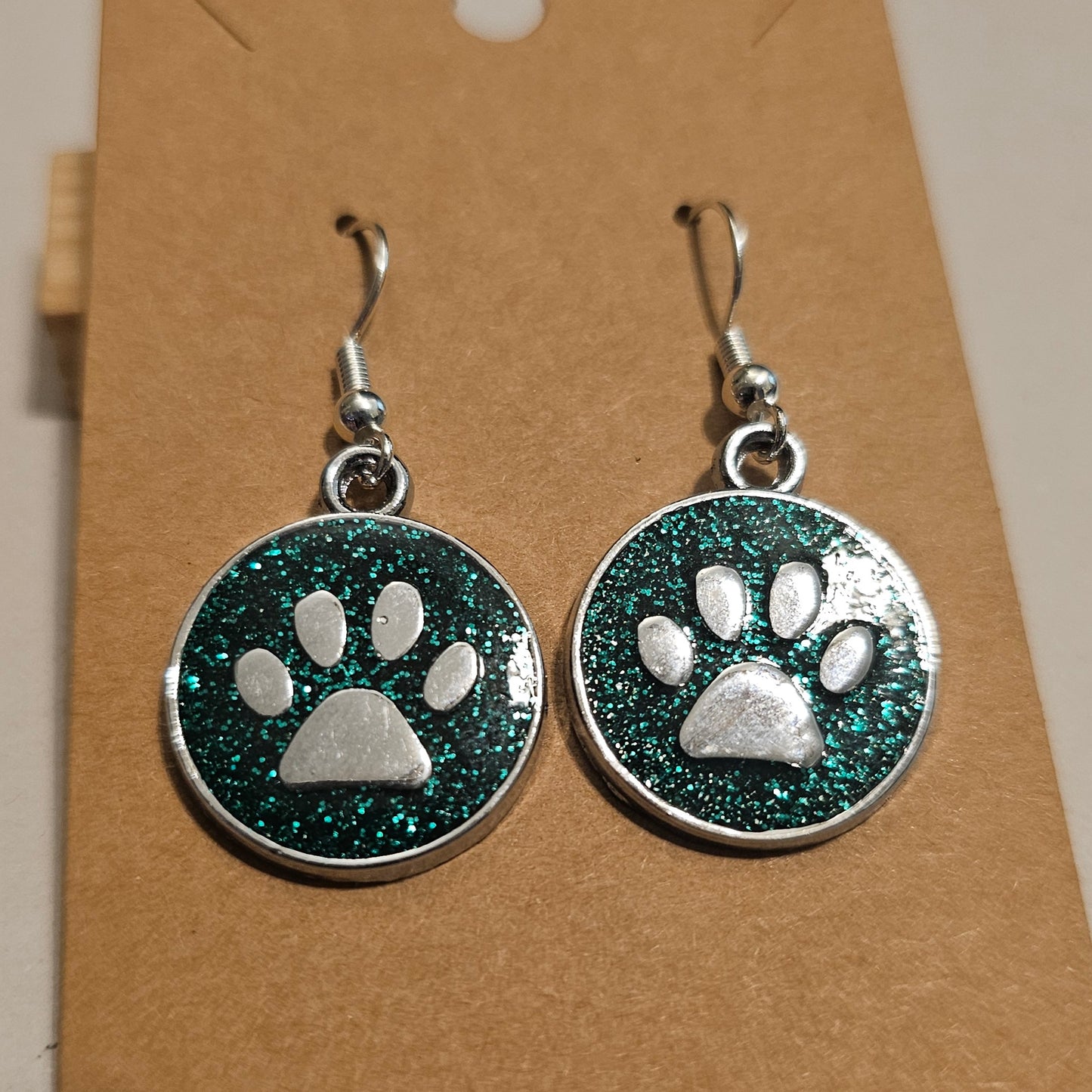 Green Glitter and Silvery Paw Earrings