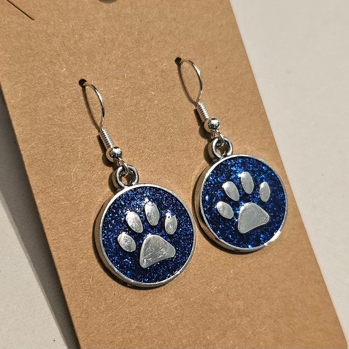 Royal Blue Glitter and Silvery Paw Earrings