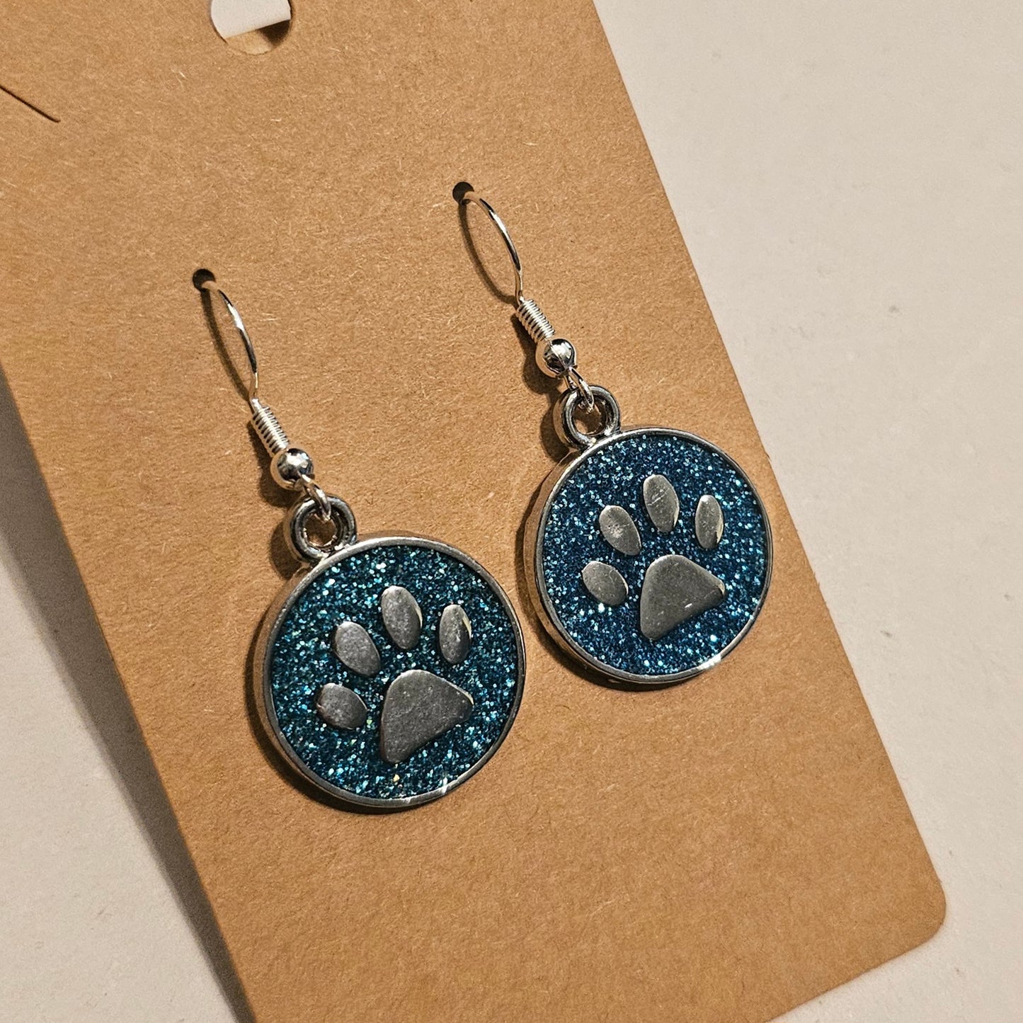 Ocean Blue Glitter and Silvery Paw Earrings