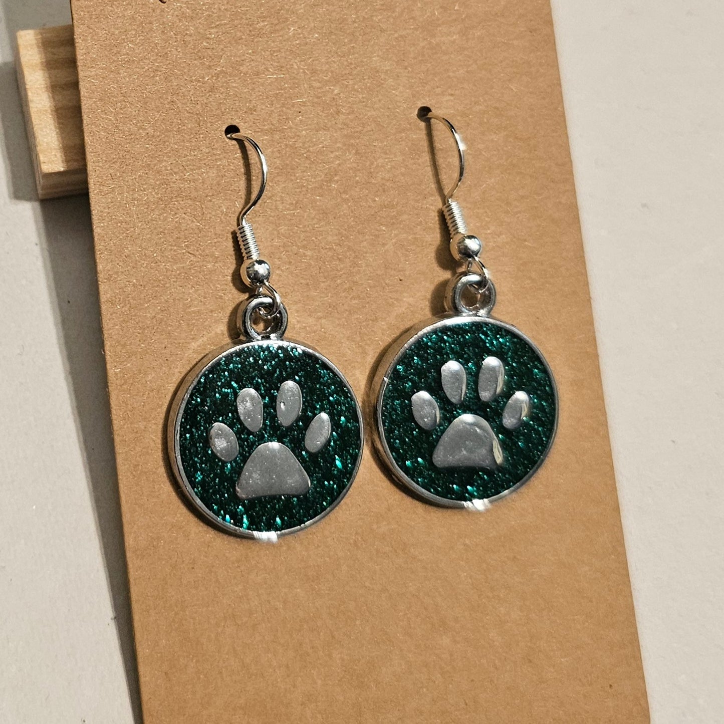 Green Glitter and Silvery Paw Earrings