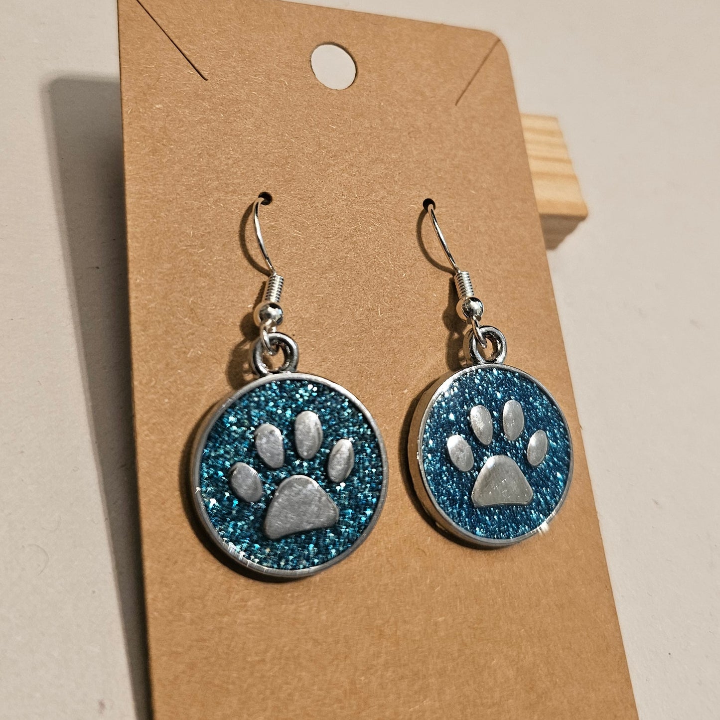 Ocean Blue Glitter and Silvery Paw Earrings
