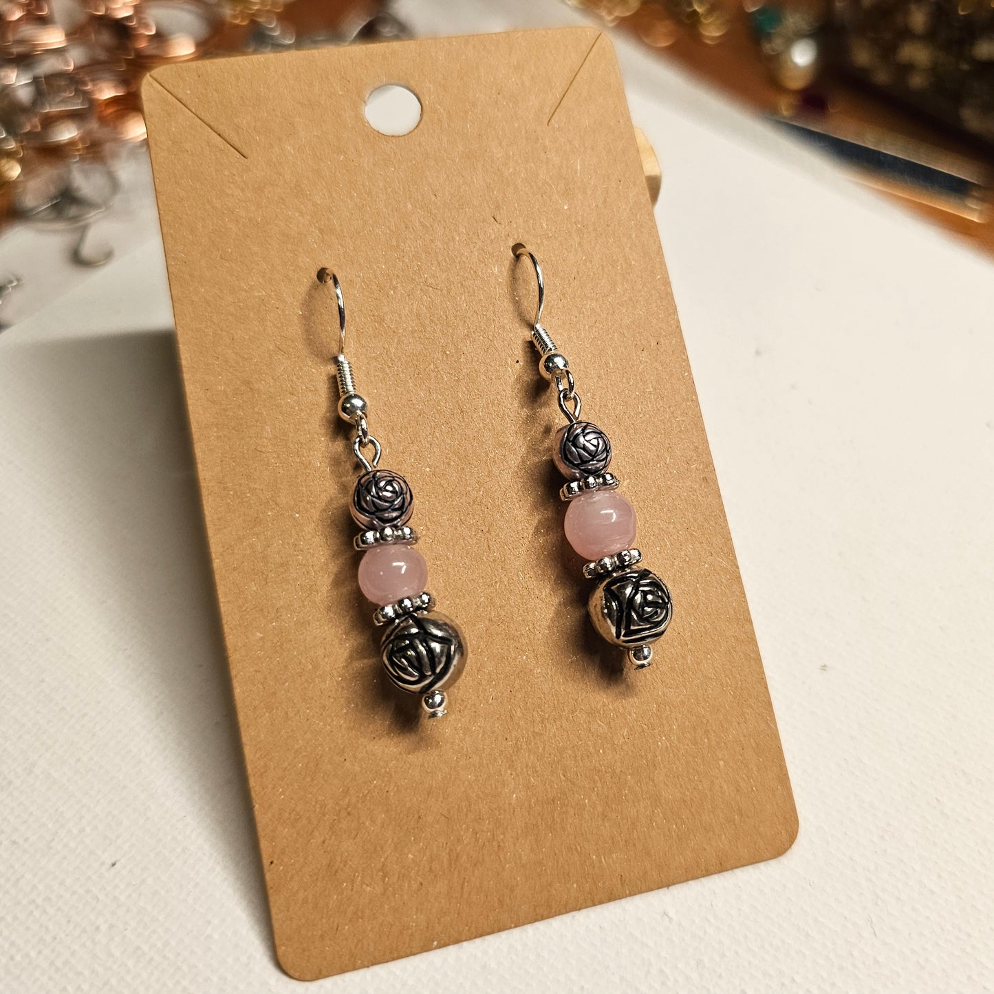 Pink and Silver Rose Bead Earrings