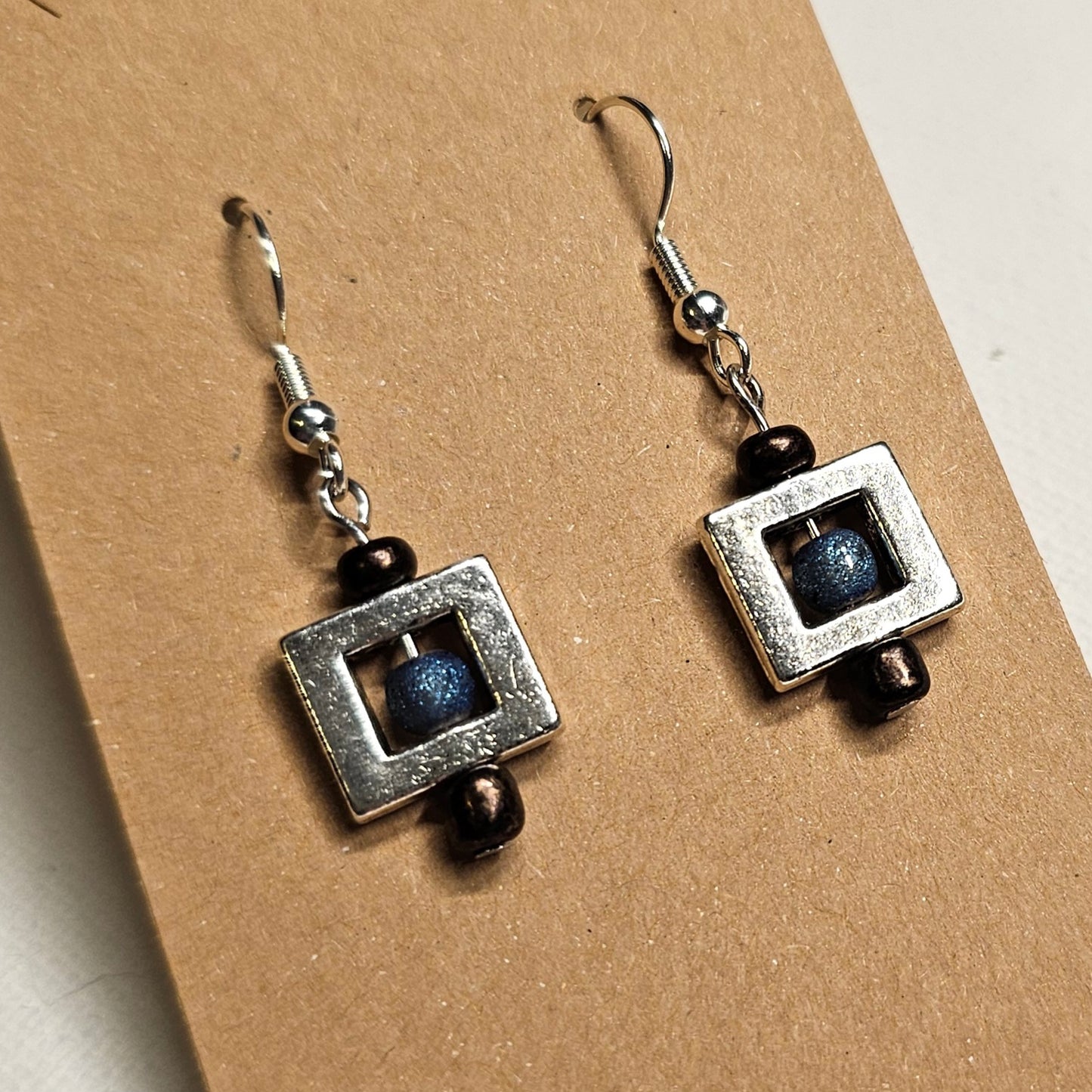 Blue, Bronze, and Silver Square Earrings
