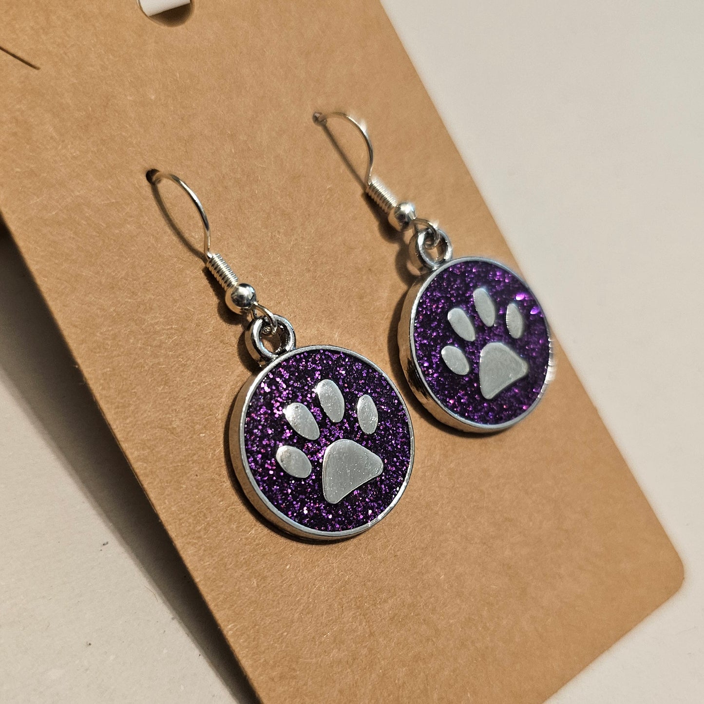 Purple Glitter and Silvery Paw Earrings