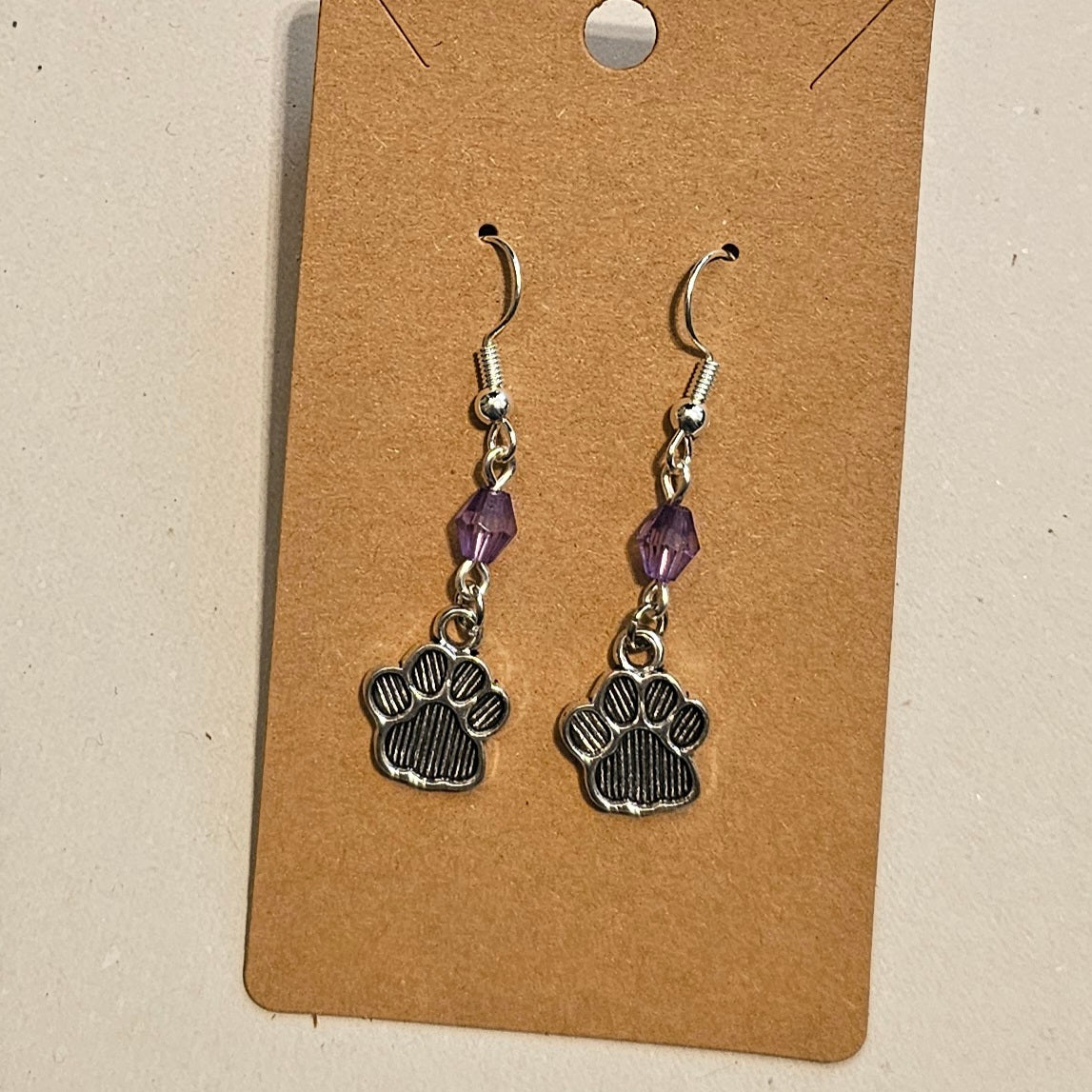 Lavender Faceted Bead and Paw Earrings