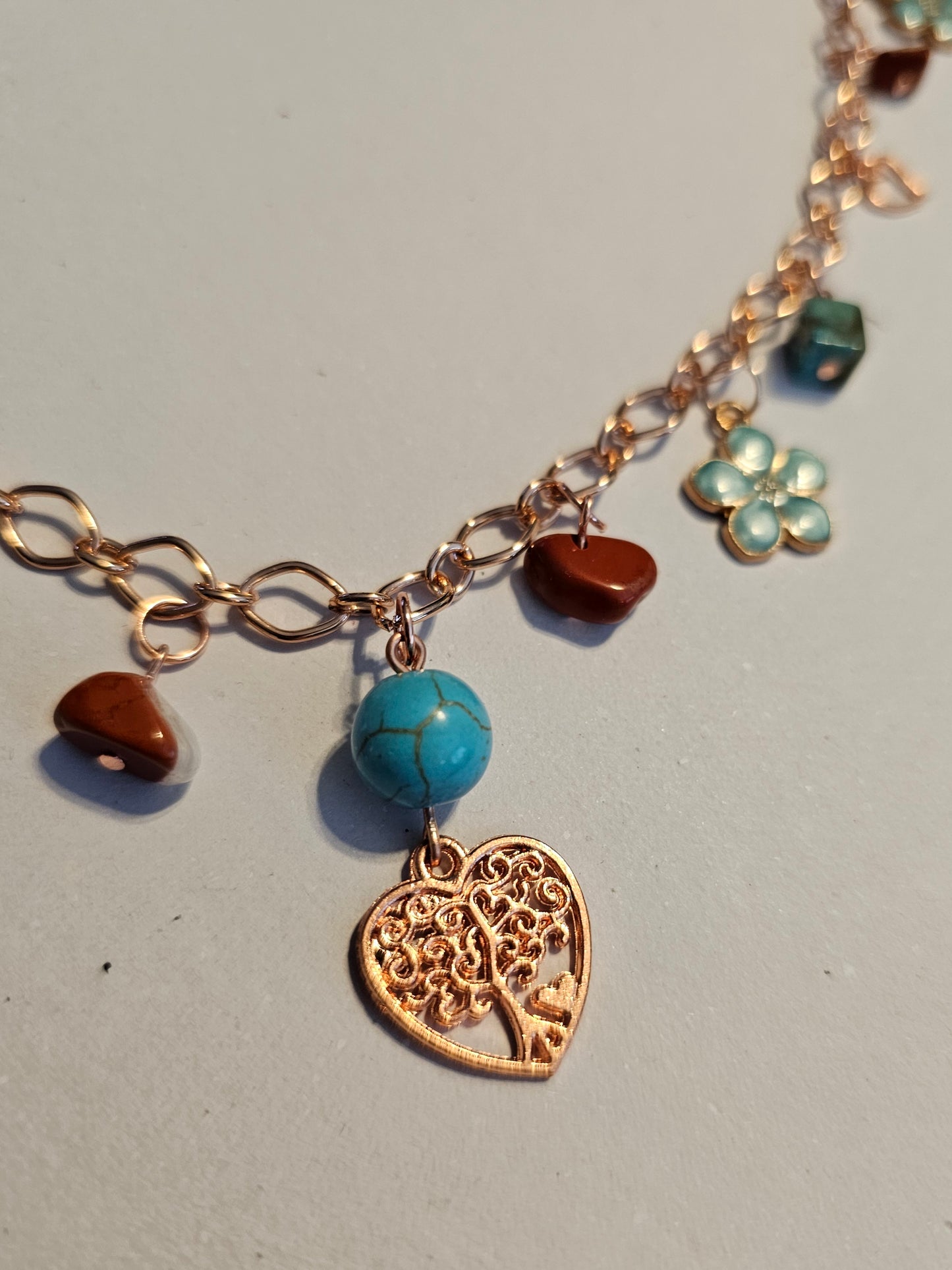 Boho Turquoise and Rose Gold Charm Necklace