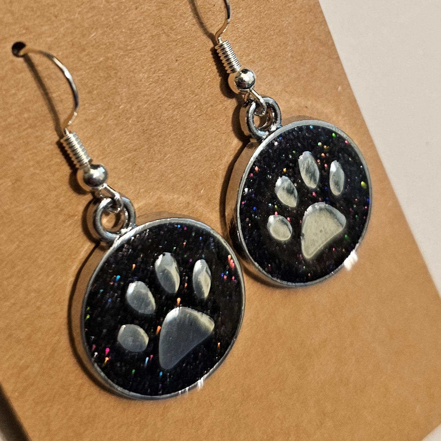Black Glitter and Silvery Paw Earrings