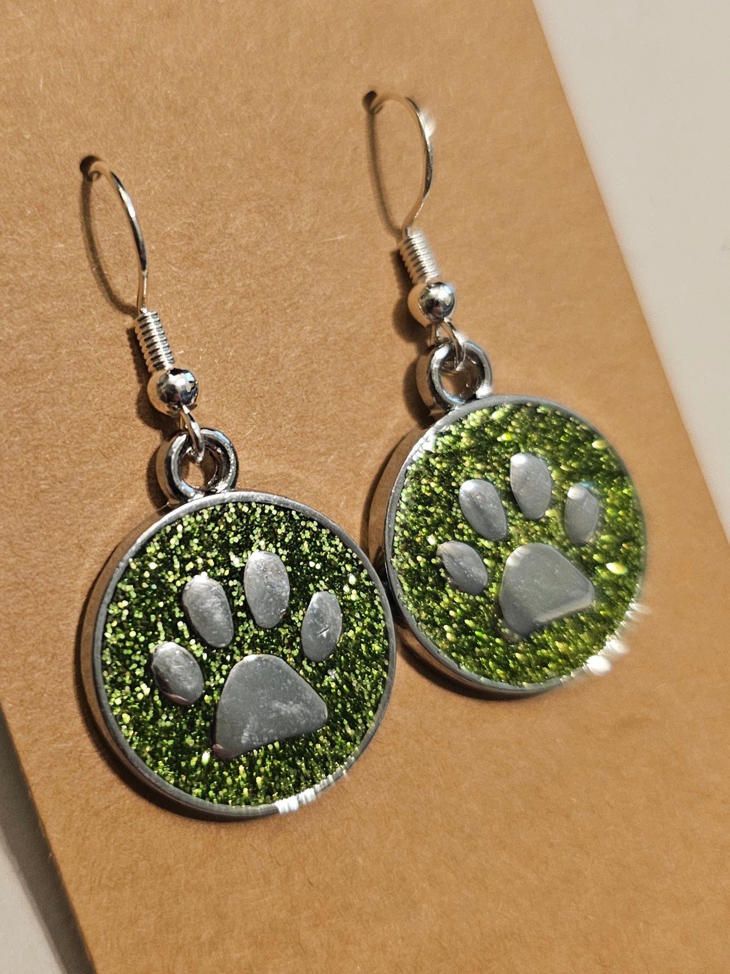 Spring Green Glitter and Silvery Paw Earrings