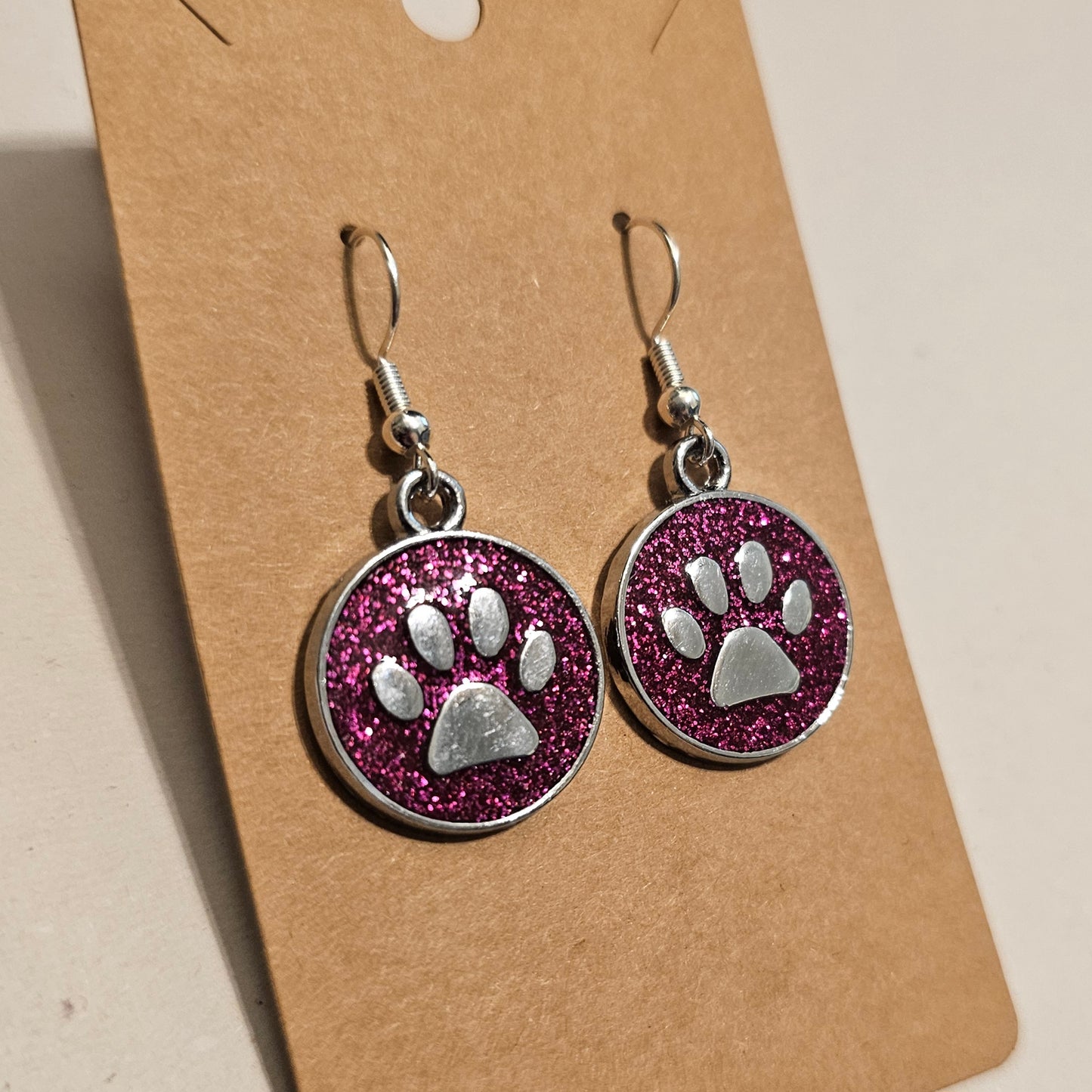Fuchia Glitter and Silvery Paw Earrings