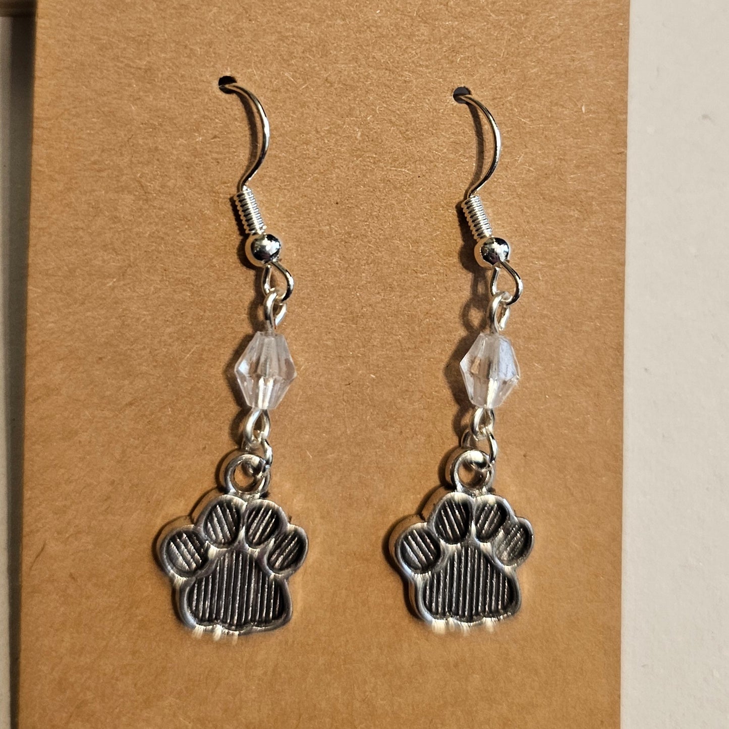 Clear Faceted Bead and Paw Earrings
