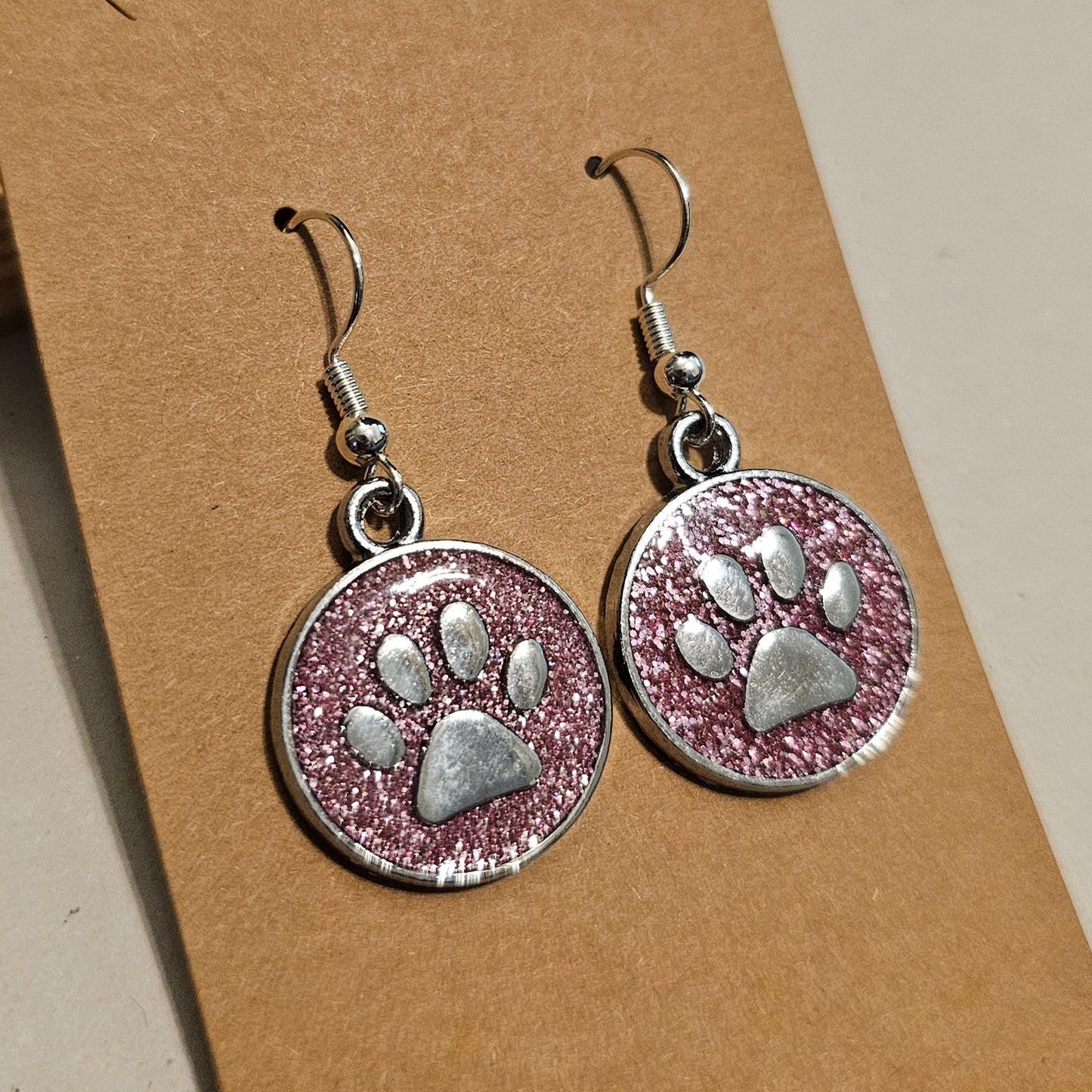 Pink Glitter and Silvery Paw Earrings