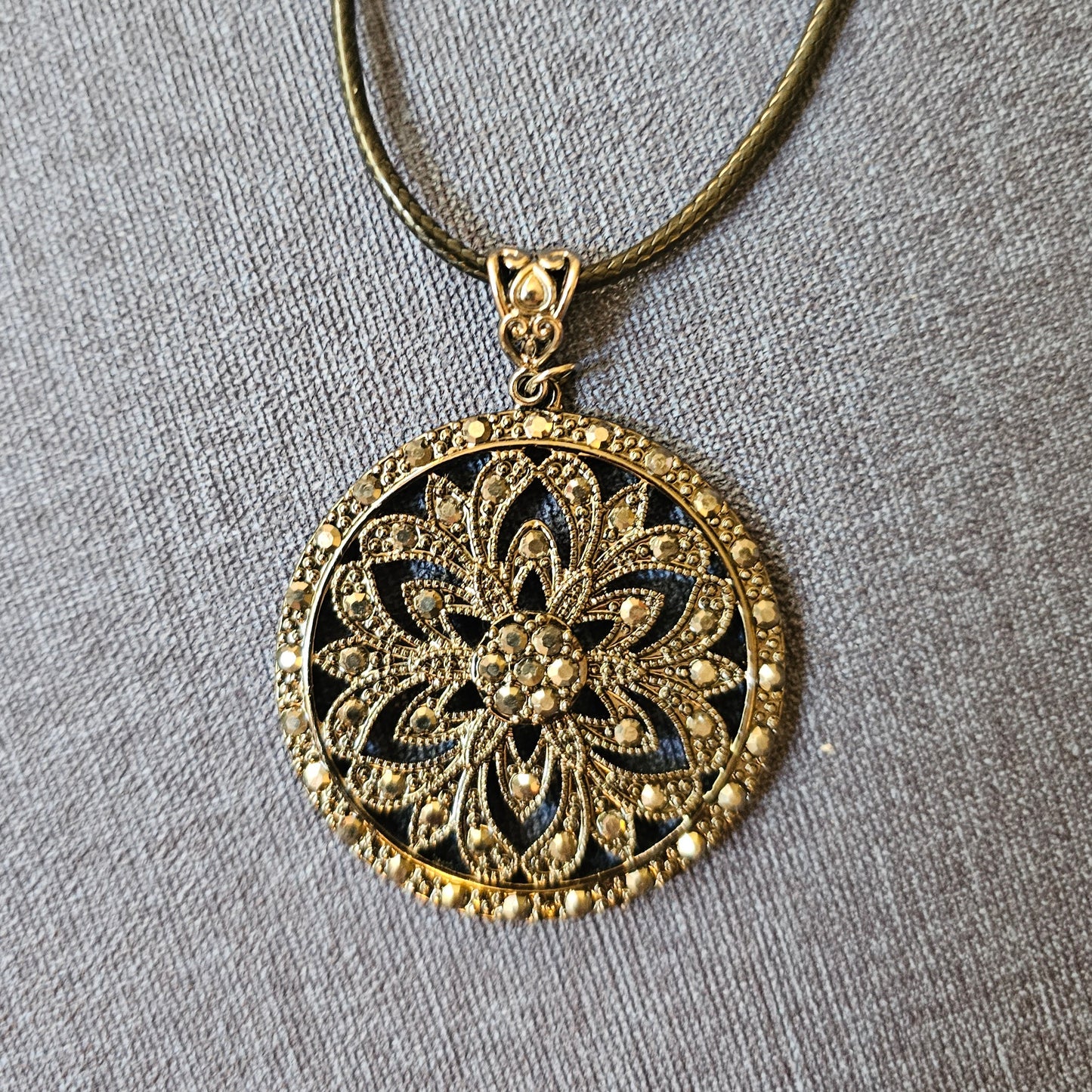 Dark Gray Metal Jewel-Ornamented Medallion Necklace