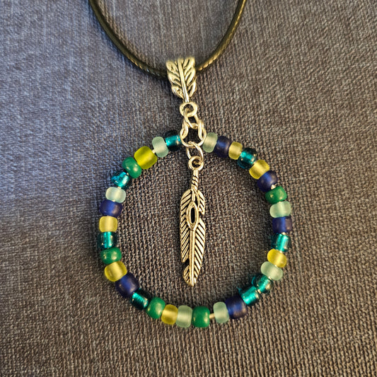 Hand-Shaped Beaded Hoop Necklace With Silver Feather