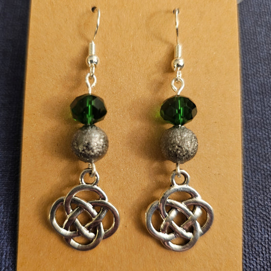 Green and Silver Celtic Knot Dangle Earrings