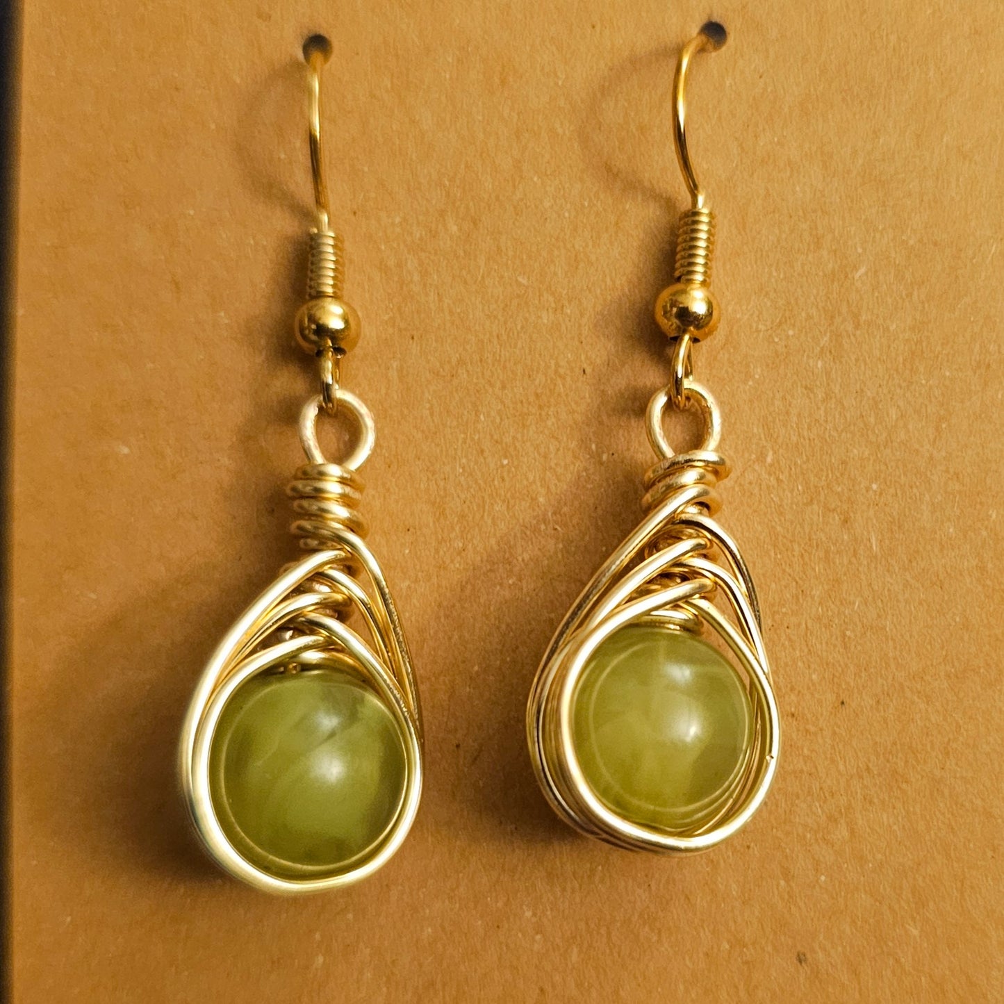 Jade Herringbone Wire-Wrapped Teardrop Earrings