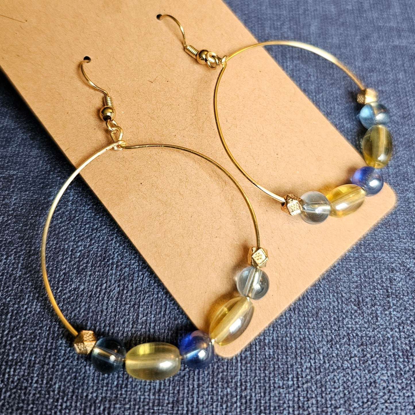 Light Blue, Yellow, and Gold Wire Hoop Dangle Earrings