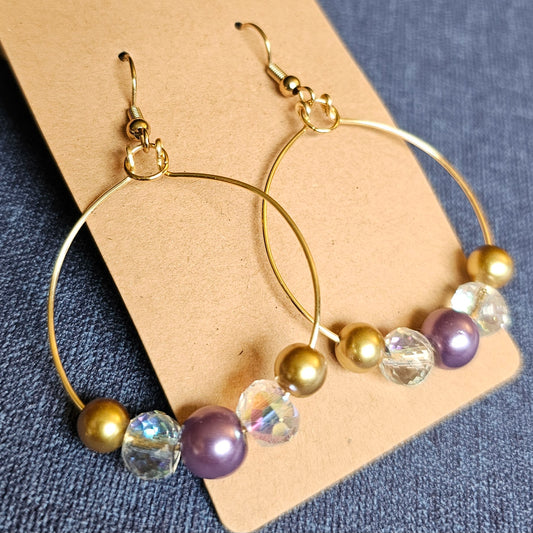 Lavender and Gold Wire Hoop Dangle Earrings