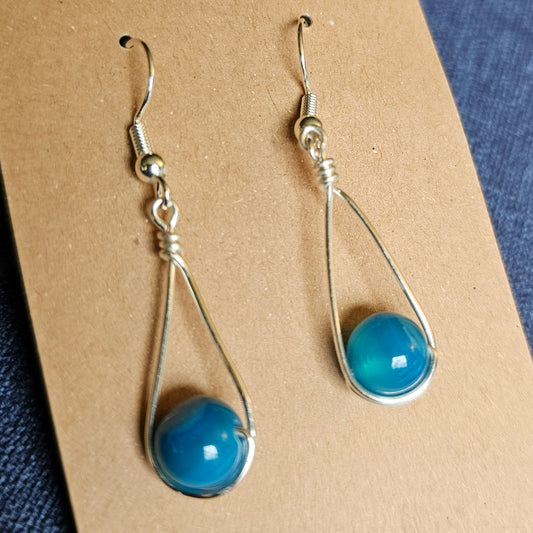 Teal and Silver Wire-Wrapped Teardrop Earrings