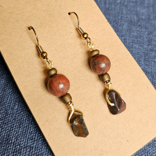 Brown Stone Beaded and Wired Earrings