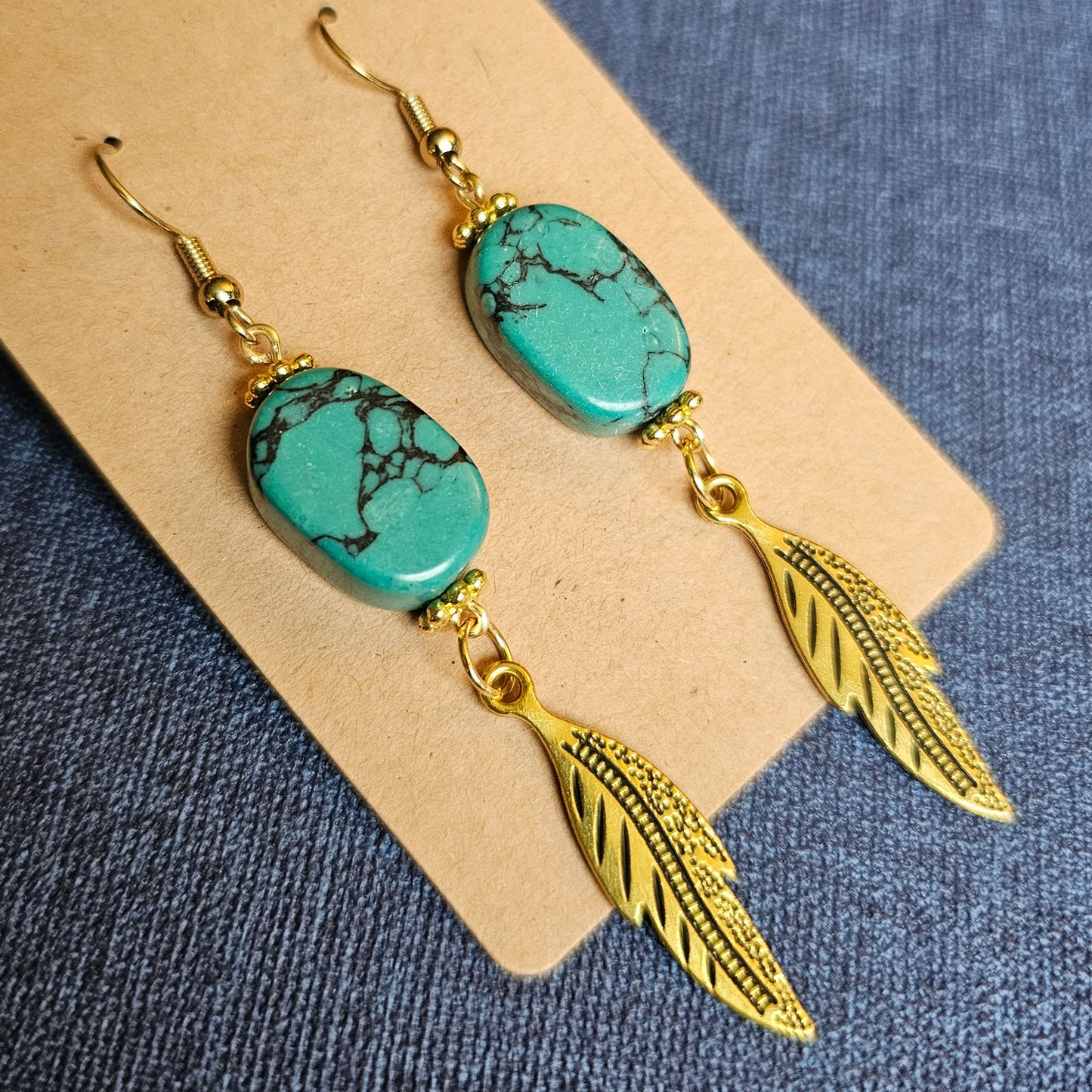 Turquoise and Gold Colored Feather Dangle Earrings