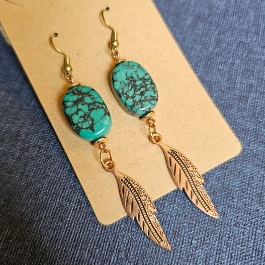 Turquoise and Copper Colored Feather Dangle Earrings