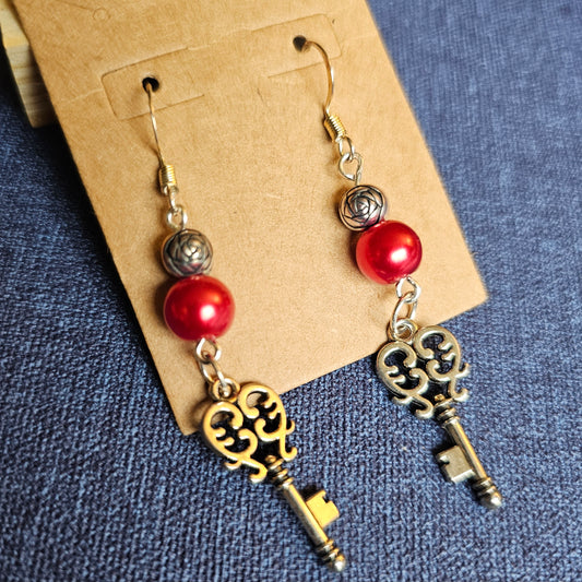 Red and Silver Colored "Key To My Heart" Earrings