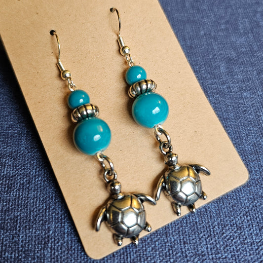 Teal and Silver Color Sea Turtle Earrings