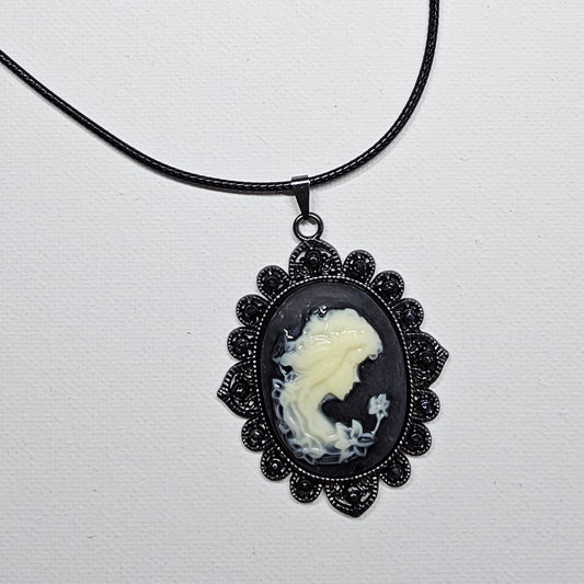 Black and White Gothic Lady With Flower Cameo Necklace