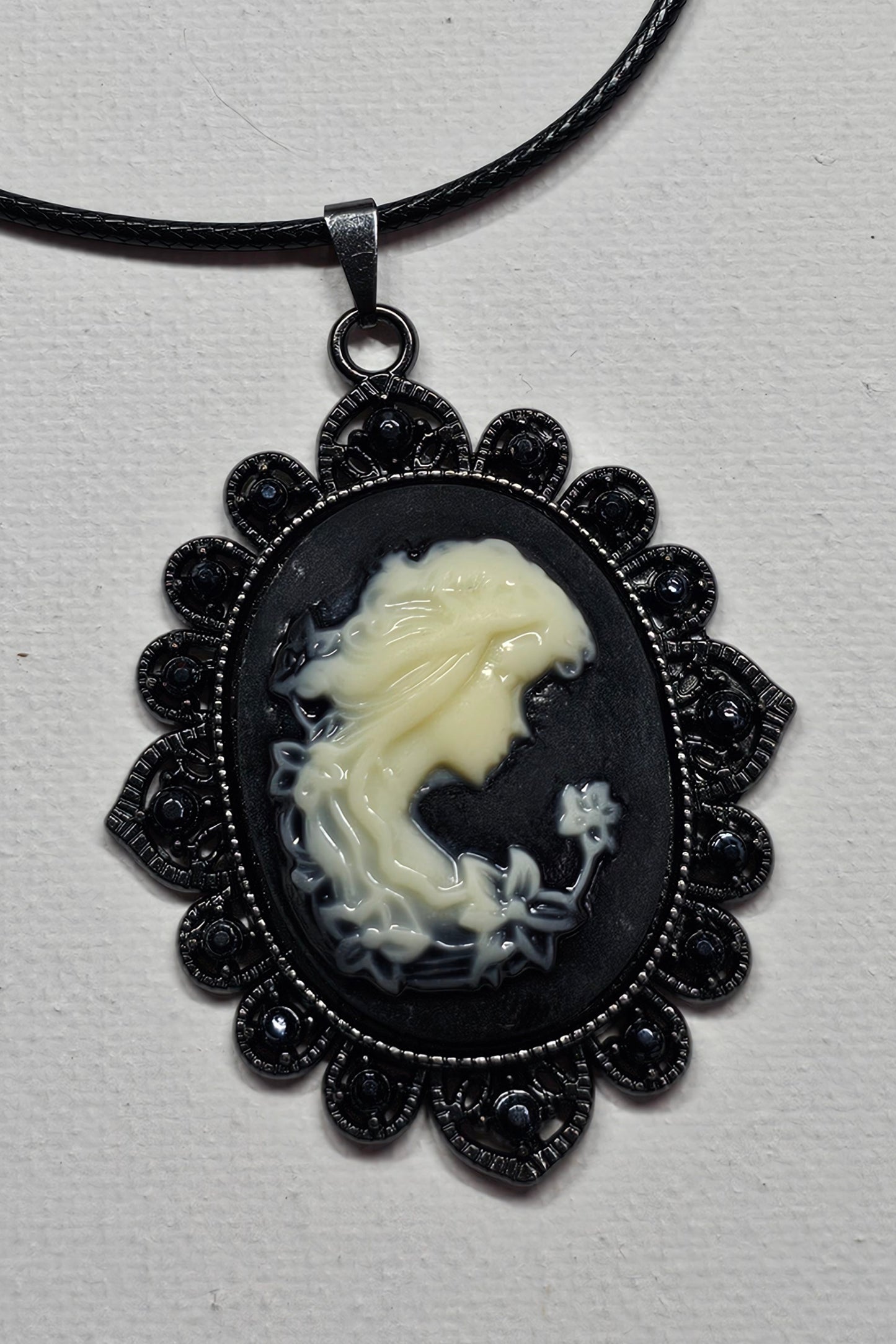 Black and White Gothic Lady With Flower Cameo Necklace