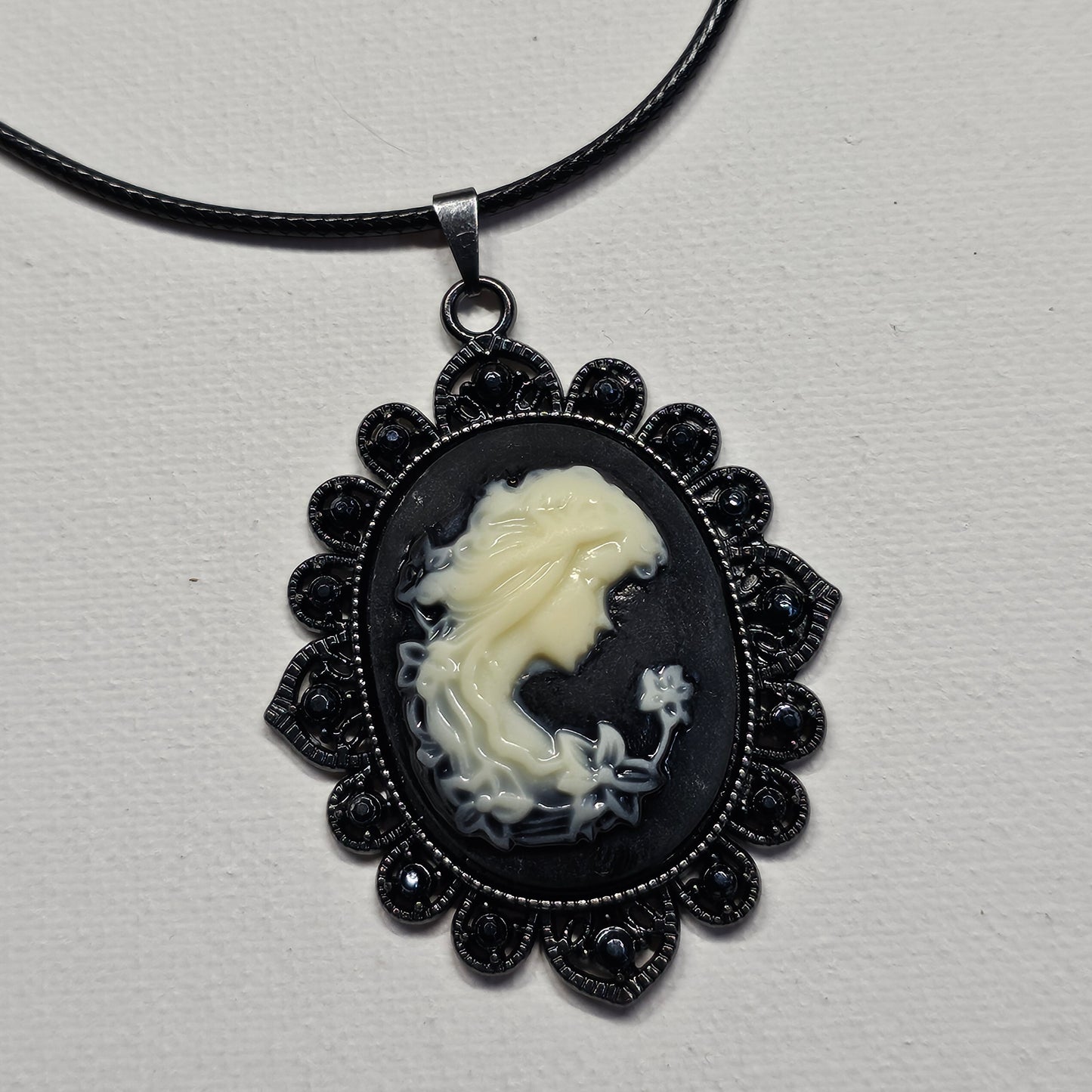 Black and White Gothic Lady With Flower Cameo Necklace