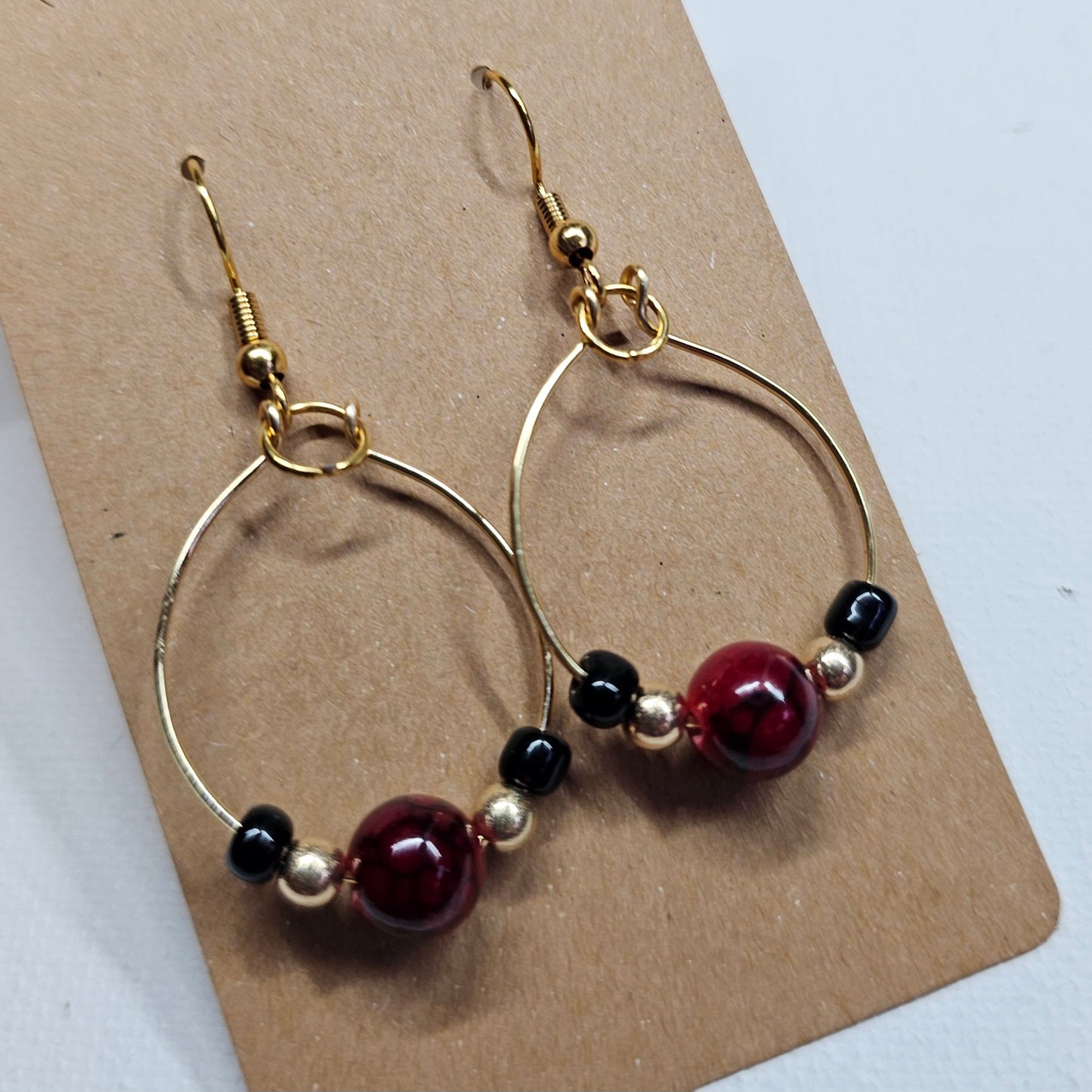 Hand Wire-Wrapped Hoop Earrings with Red Painted Quartz Beads