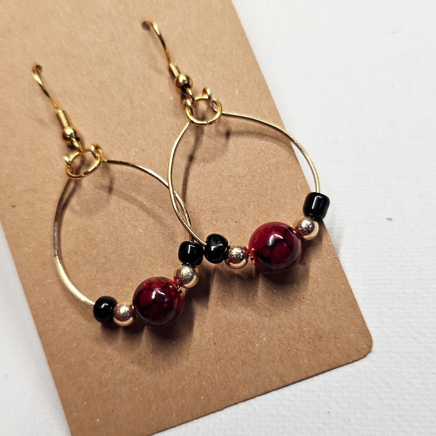 Hand Wire-Wrapped Hoop Earrings with Red Painted Quartz Beads