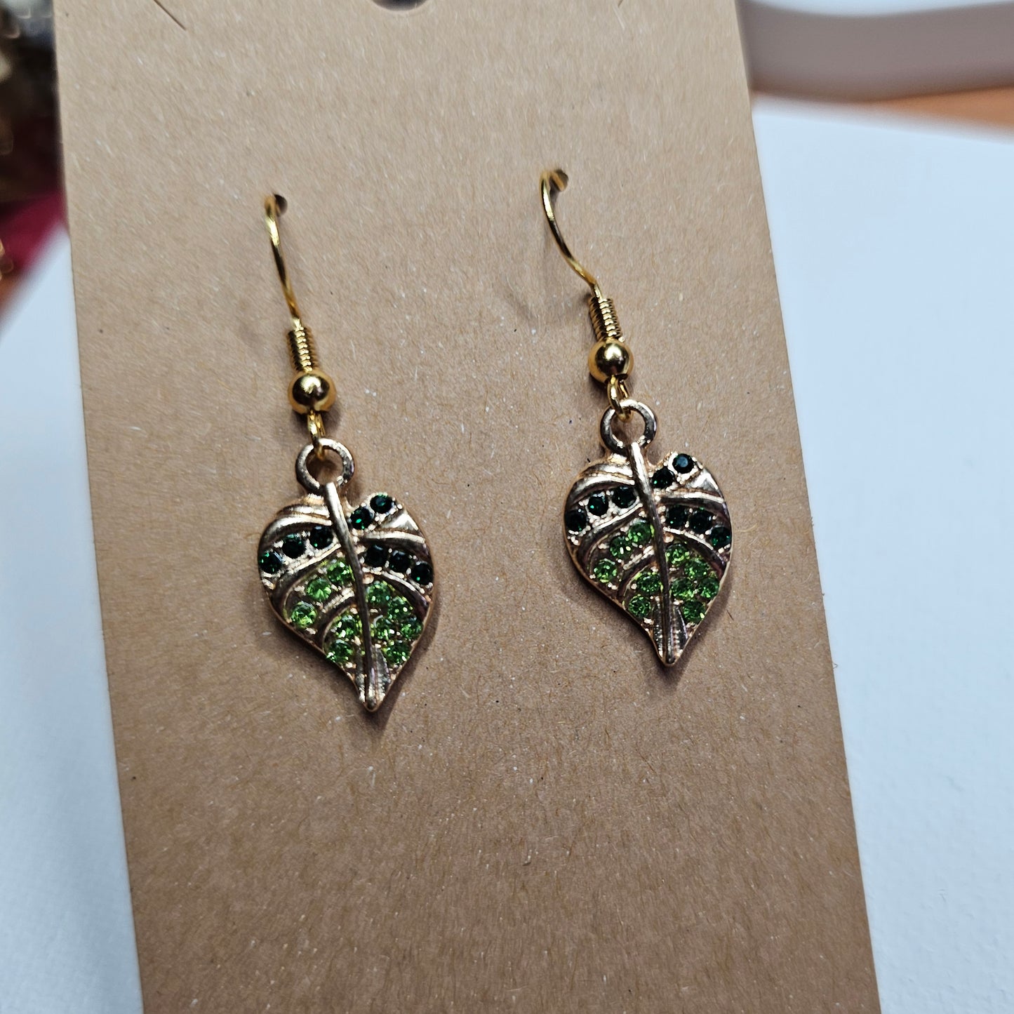 Monstera Leaf Rhinestone Green and Gold Colored Earrings