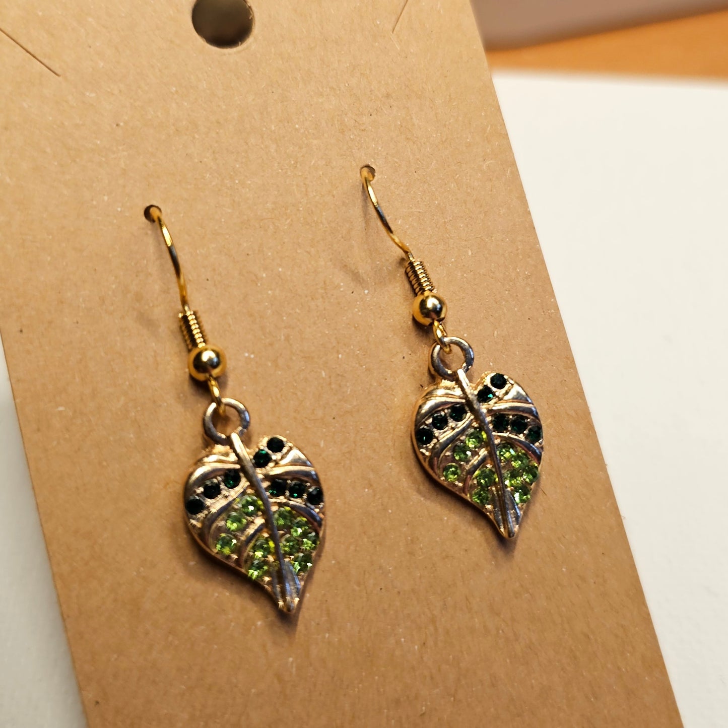 Monstera Leaf Rhinestone Green and Gold Colored Earrings