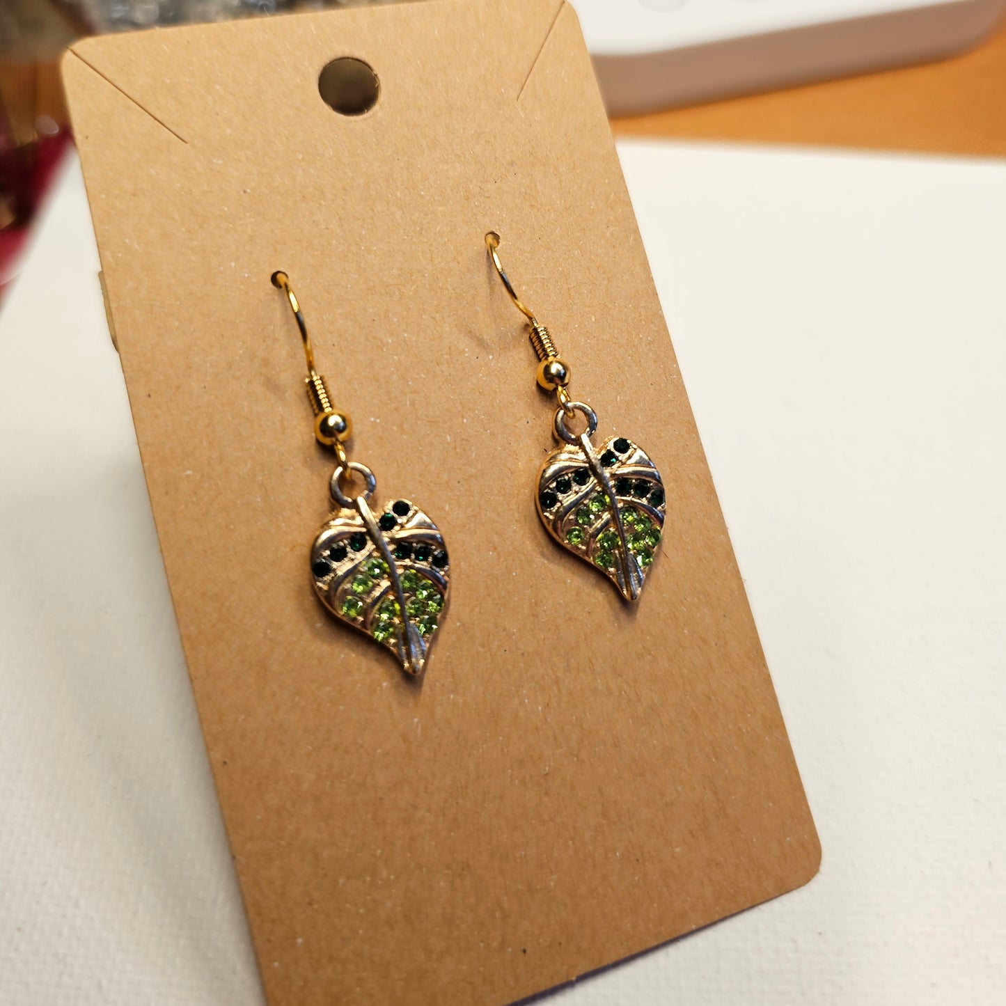 Monstera Leaf Rhinestone Green and Gold Colored Earrings