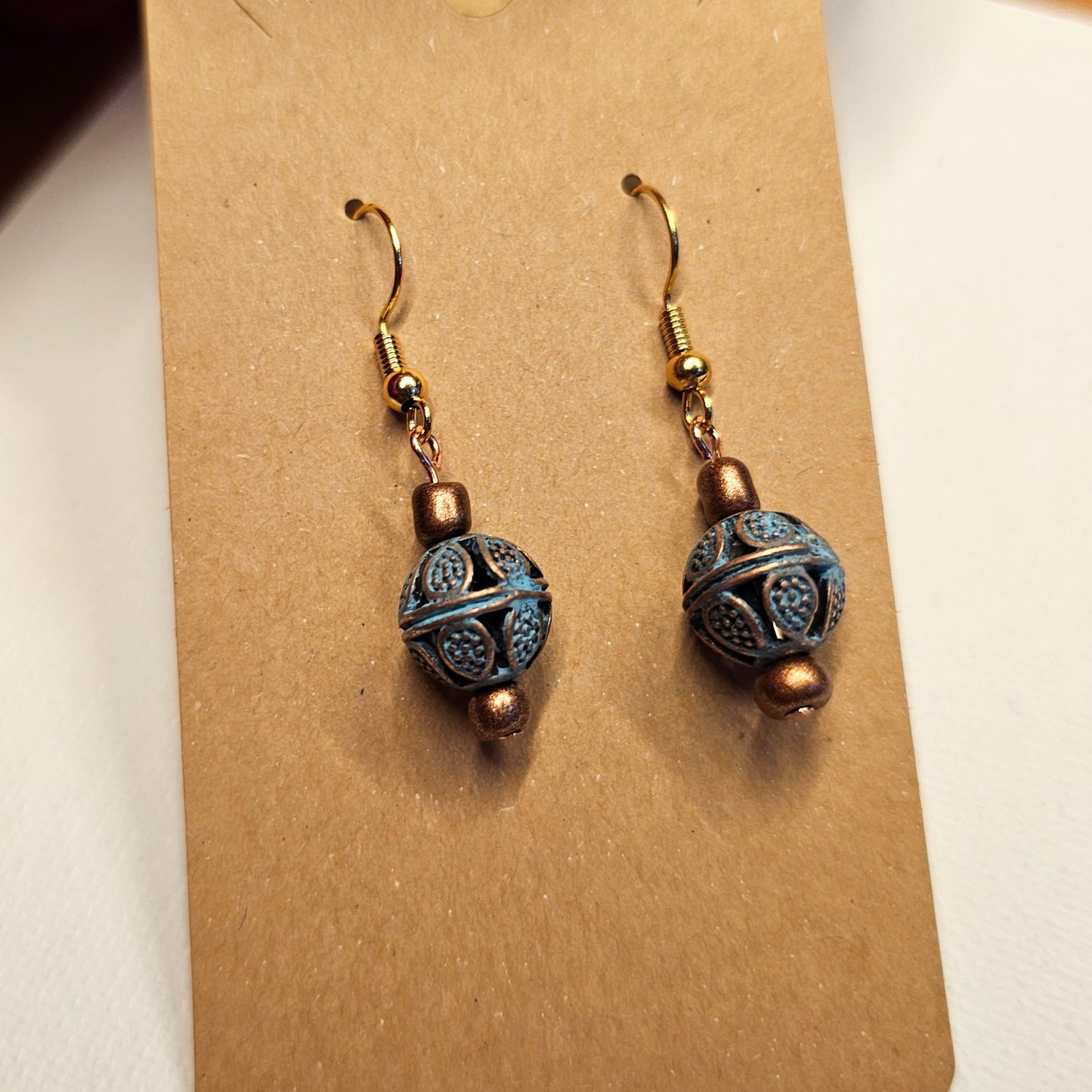 Blue Oxidized Copper Color Metal Bead Earrings