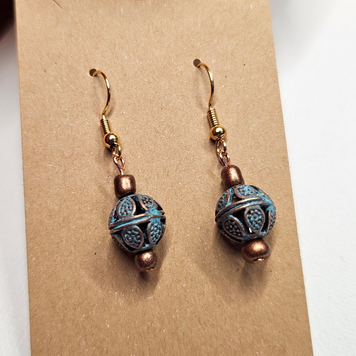 Blue Oxidized Copper Color Metal Bead Earrings