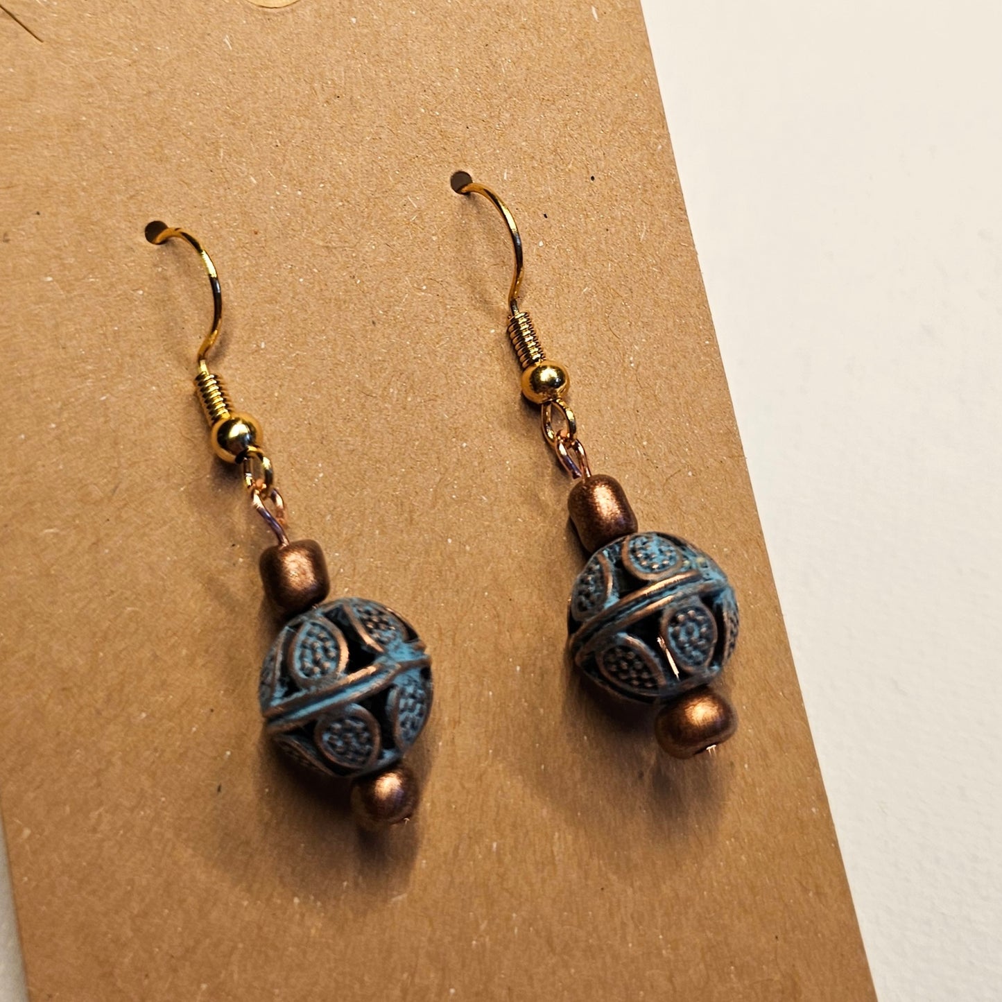 Blue Oxidized Copper Color Metal Bead Earrings