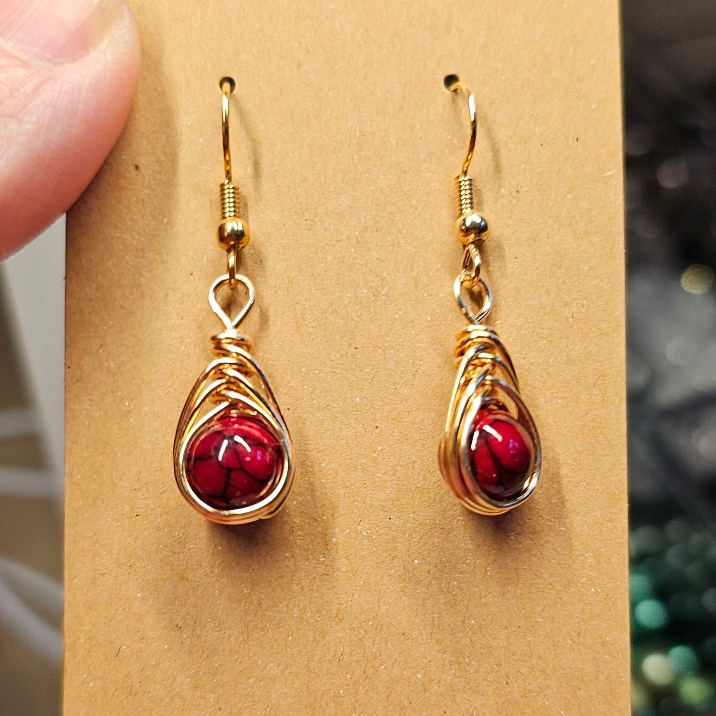 Hand Wire-Wrapped Earrings with Red Painted Quartz Beads