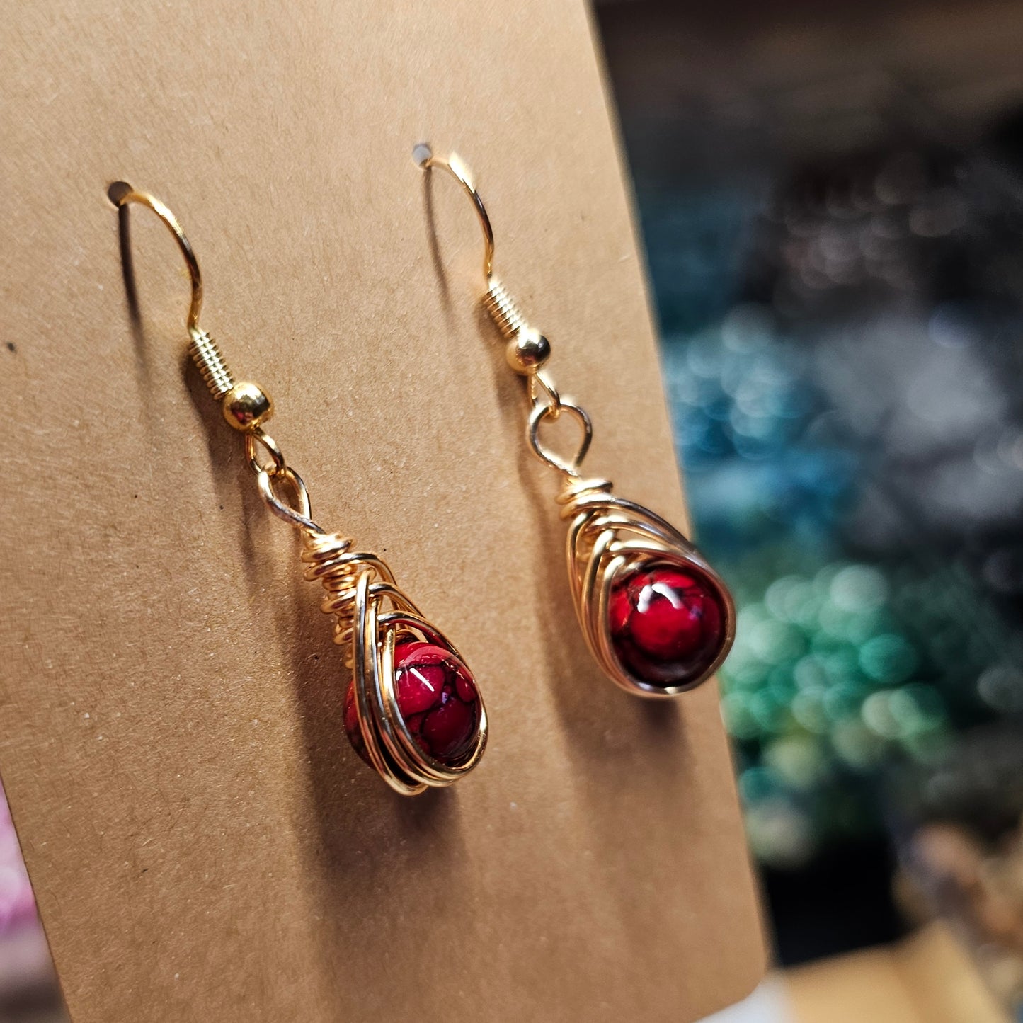 Hand Wire-Wrapped Earrings with Red Painted Quartz Beads