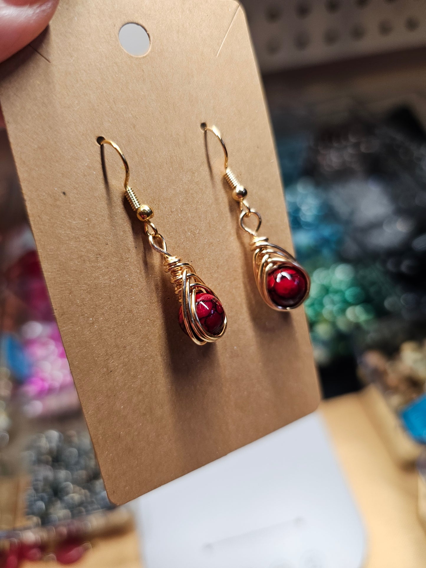 Hand Wire-Wrapped Earrings with Red Painted Quartz Beads