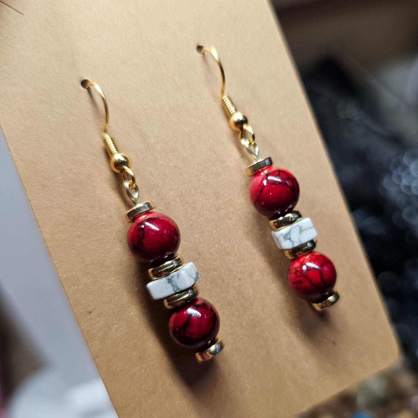 Earrings with Red Painted Quartz Beads