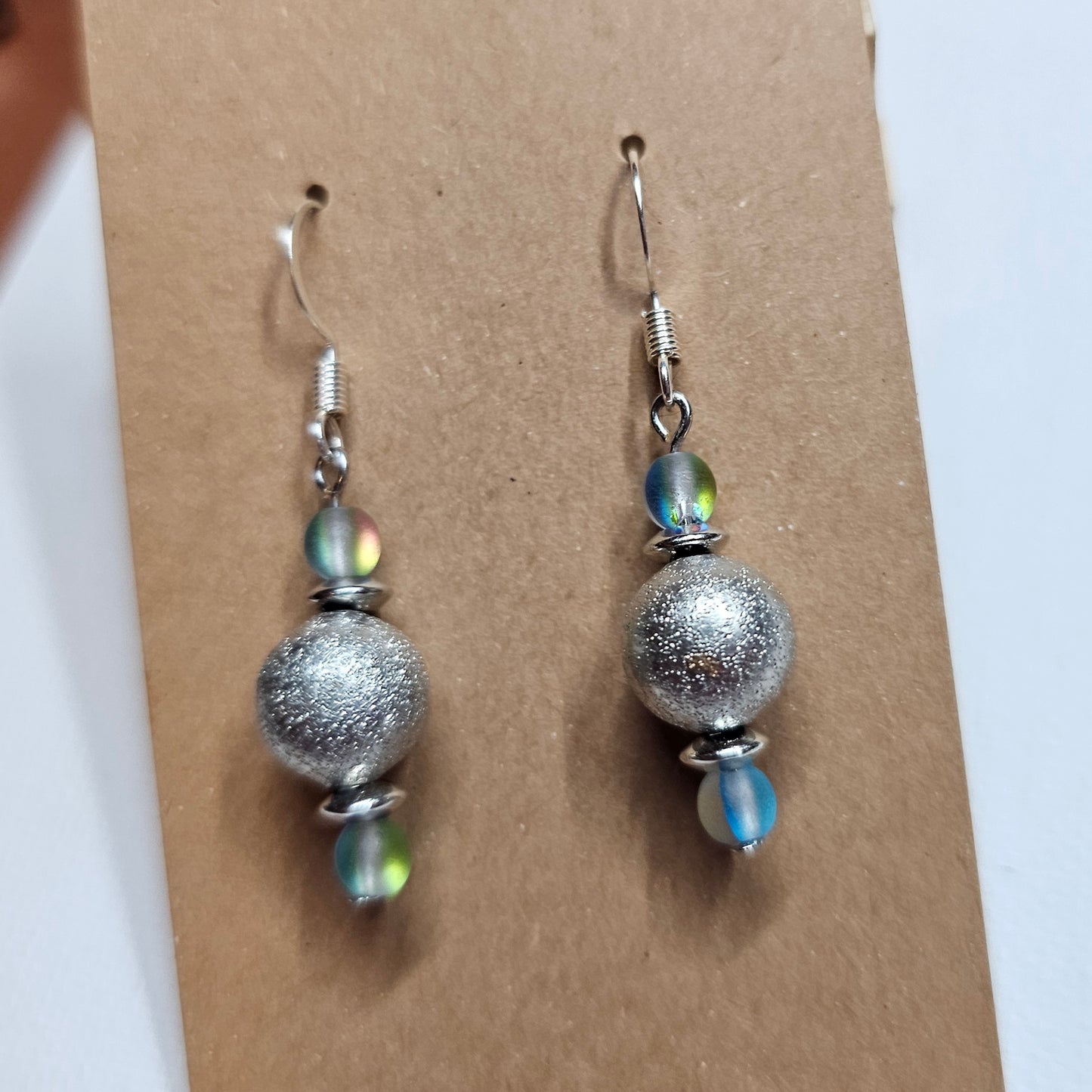 Silver and Iridescent Bead Earrings