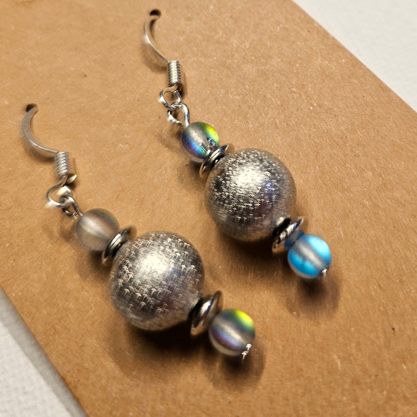 Silver and Iridescent Bead Earrings