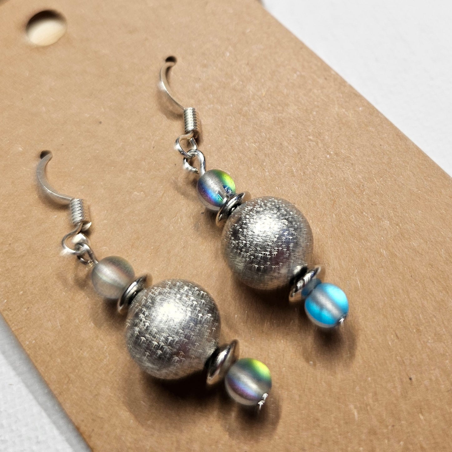 Silver and Iridescent Bead Earrings