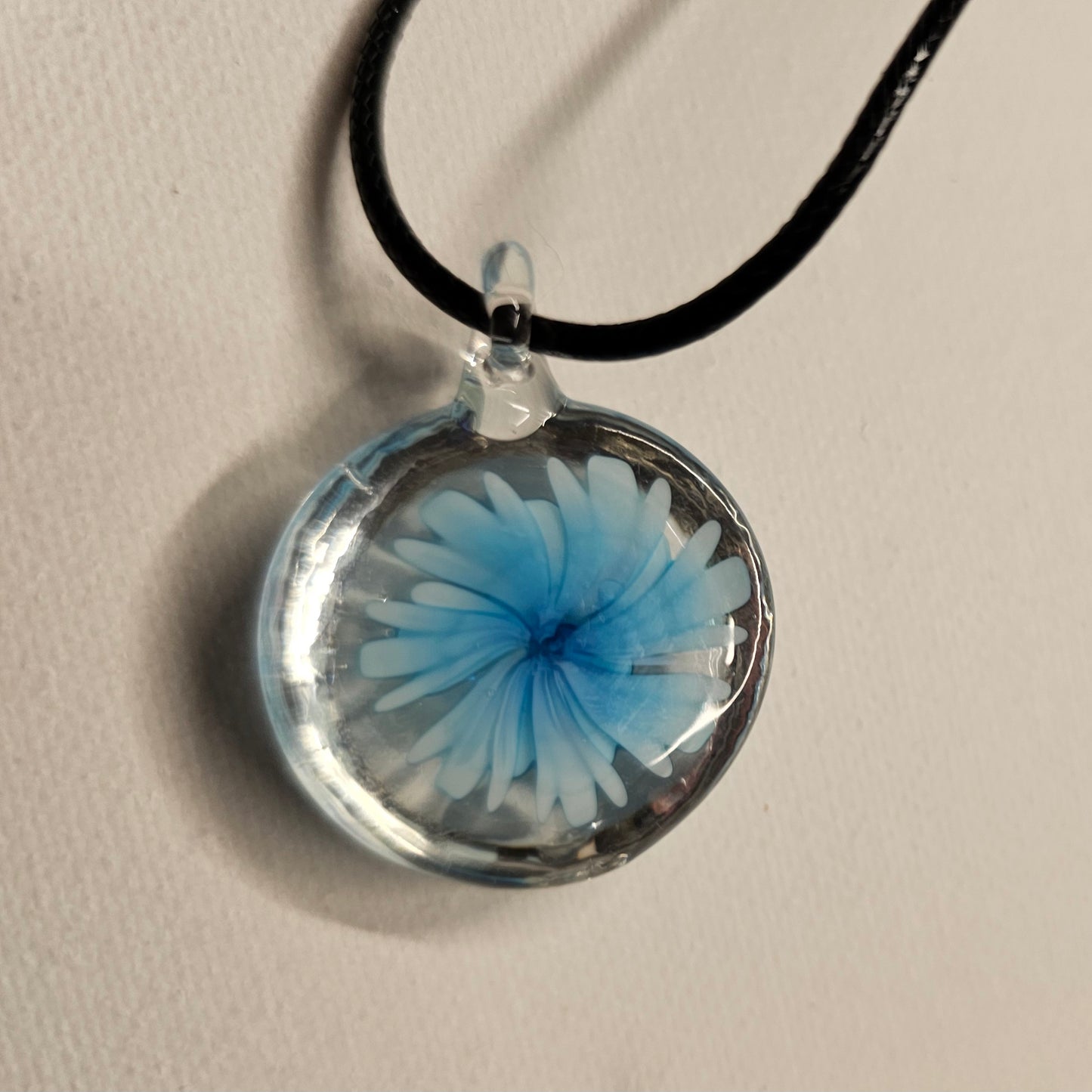 Turquoise-Blue Flower Round Glass Pendant Necklace