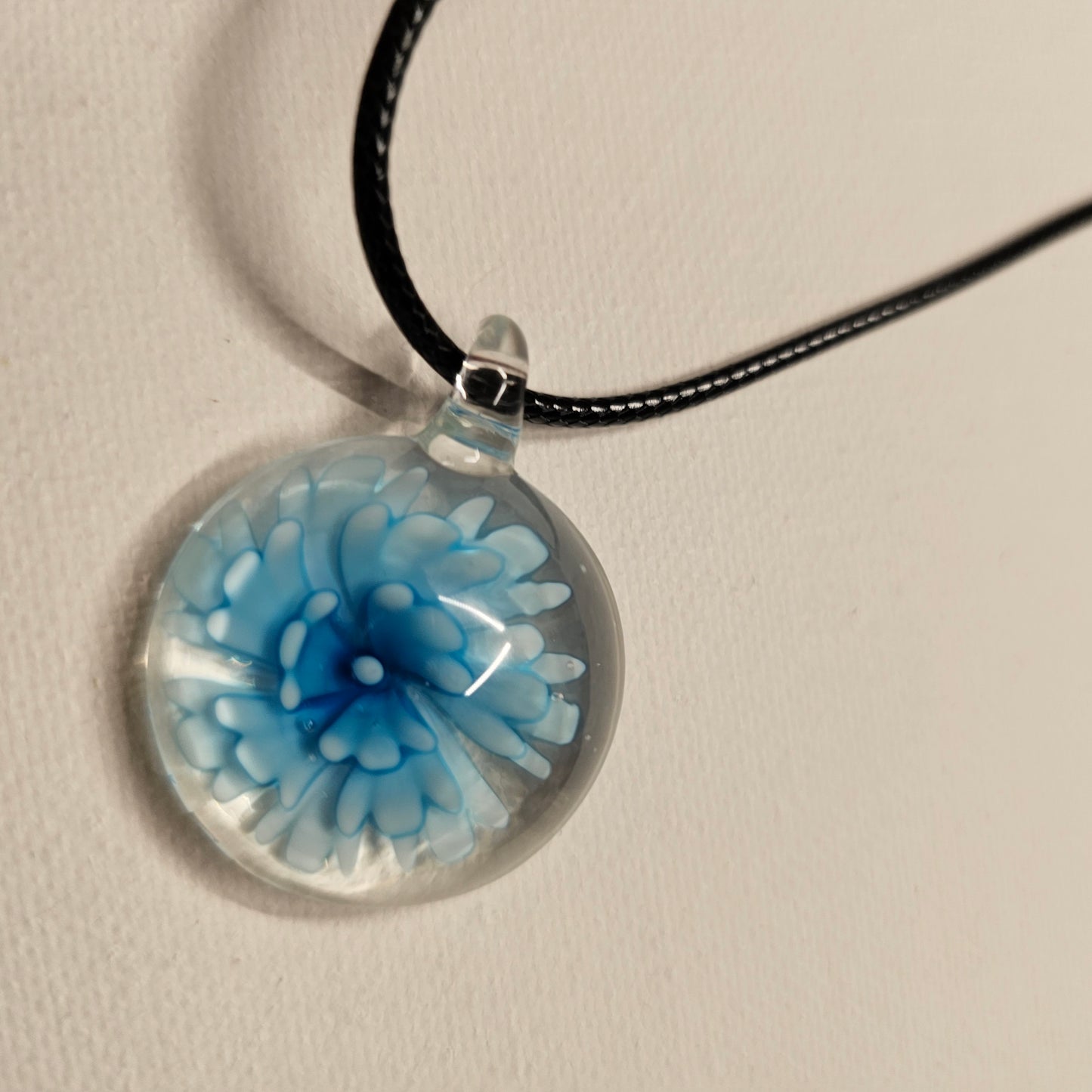 Turquoise-Blue Flower Round Glass Pendant Necklace