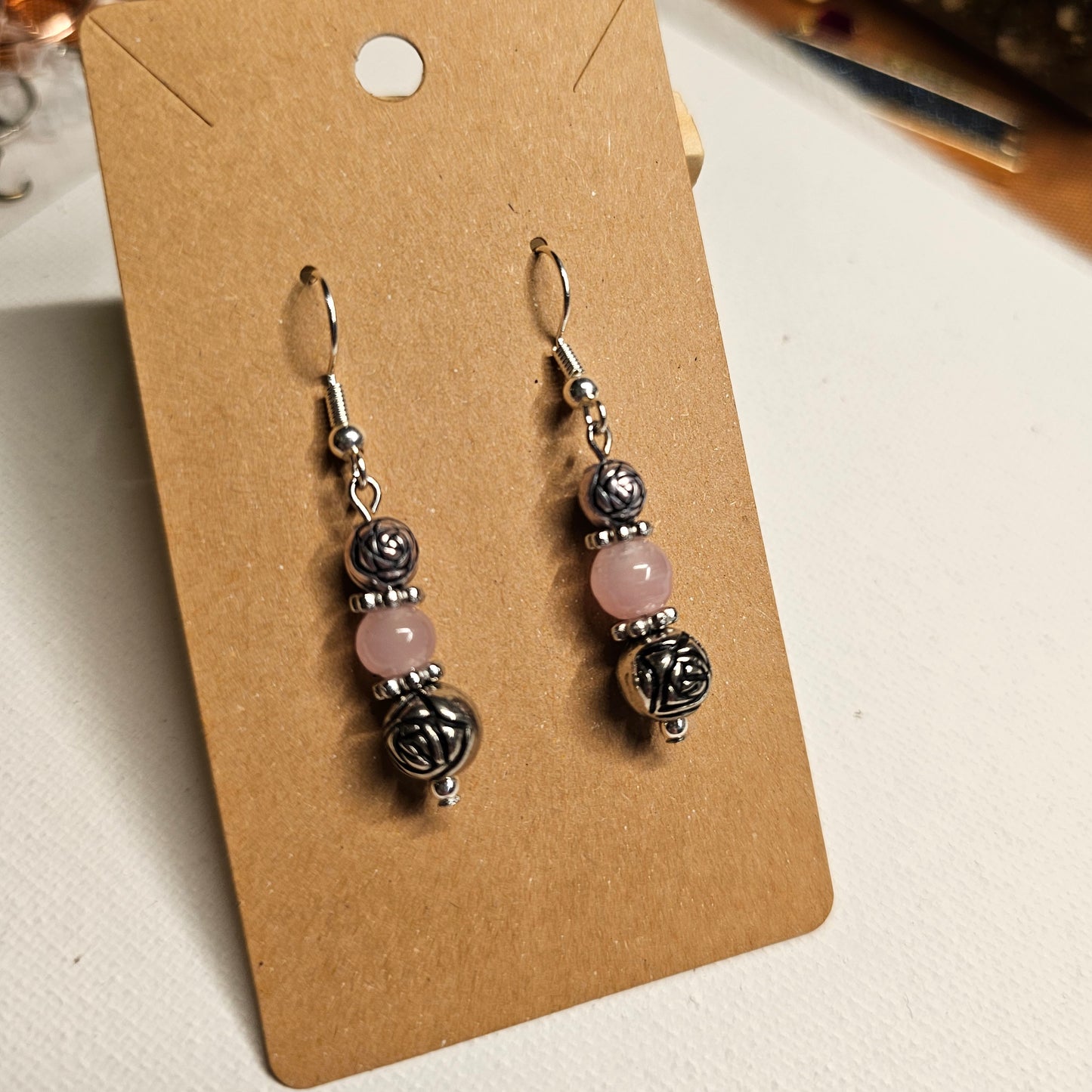 Pink and Silver Rose Bead Earrings