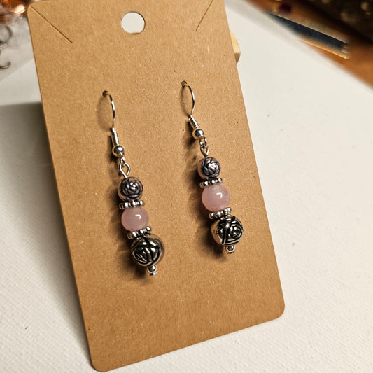 Pink and Silver Rose Bead Earrings